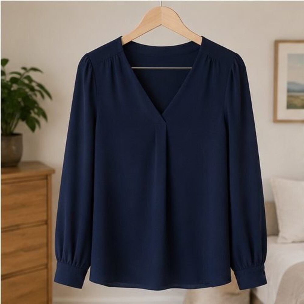 Navy Crepe V Neck Blouse